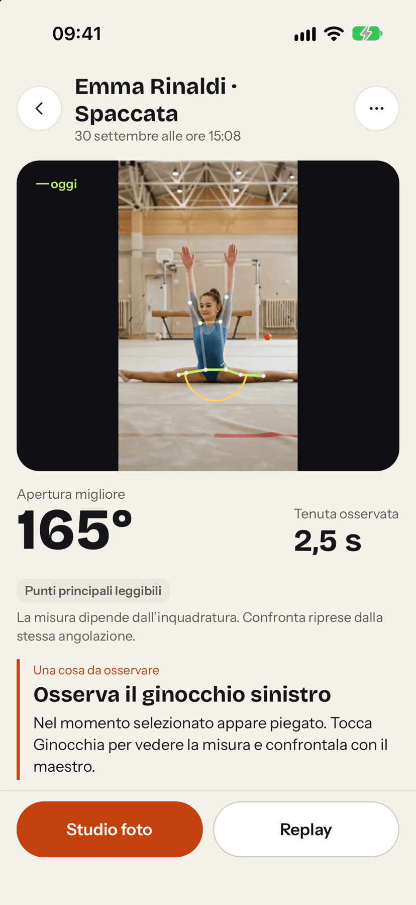 Il risultato di una spaccata: apertura 165 gradi, tenuta 2,5 secondi, osserva il ginocchio sinistro